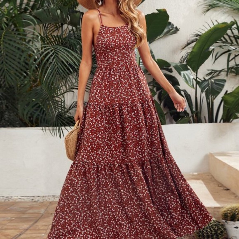 Boho Floral Lace up Criss Cross Back Maxi Dress - Picture 6 of 7